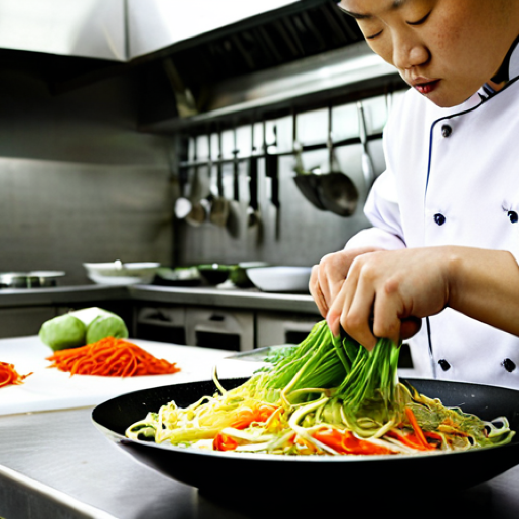 **A student chef meticulously practicing knife skills, creating julienned vegetables with a sharp knife in a professional Chinese cooking school kitchen. Wok and other cooking utensils in the background.**