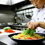 **A student chef meticulously practicing knife skills, creating julienned vegetables with a sharp knife in a professional Chinese cooking school kitchen. Wok and other cooking utensils in the background.**