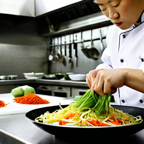 Home 15 **A student chef meticulously practicing knife skills, creating julienned vegetables with a sharp knife in a professional Chinese cooking school kitchen. Wok and other cooking utensils in the background.**