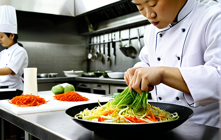 **A student chef meticulously practicing knife skills, creating julienned vegetables with a sharp knife in a professional Chinese cooking school kitchen. Wok and other cooking utensils in the background.**