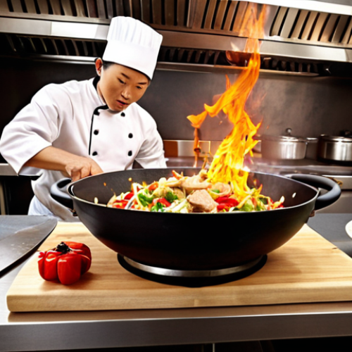 Home 14 **Prompt 1:** A professional chef, mid-motion, skillfully stir-frying with a large, well-seasoned wok over powerful, leaping flames, capturing the dynamic essence of "Wok-Hei." In the immediate foreground, a pristine cutting board displays an array of meticulously diced, thinly sliced, and artfully cut vegetables and proteins, emphasizing precision knife work and the "Mise en Place" as an art form. The lighting is dramatic and warm, highlighting the intensity of the cooking process and the vibrant colors of the ingredients. The setting is a clean, authentic, high-end Chinese kitchen.
