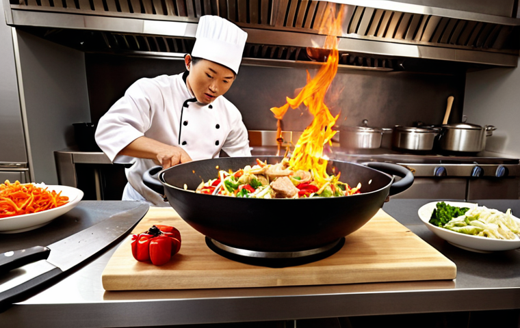 **Prompt 1:** A professional chef, mid-motion, skillfully stir-frying with a large, well-seasoned wok over powerful, leaping flames, capturing the dynamic essence of "Wok-Hei." In the immediate foreground, a pristine cutting board displays an array of meticulously diced, thinly sliced, and artfully cut vegetables and proteins, emphasizing precision knife work and the "Mise en Place" as an art form. The lighting is dramatic and warm, highlighting the intensity of the cooking process and the vibrant colors of the ingredients. The setting is a clean, authentic, high-end Chinese kitchen.