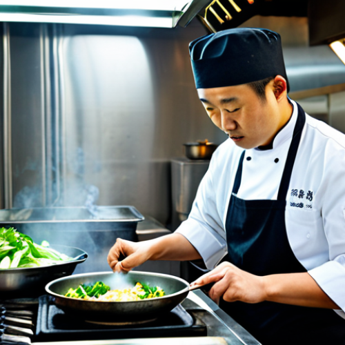Home 7 A professional male chef, fully clothed in a clean, modest chef's jacket and apron, intensely focused on stir-frying fresh vegetables in a large, steaming wok in a traditional Chinese restaurant kitchen. Fresh, vibrant Asian ingredients like bok choy and ginger are neatly arranged on a stainless steel counter, illuminated by bright kitchen lights. The environment is professional, organized, and hygienic. Perfect anatomy, correct proportions, natural pose, well-formed hands, proper finger count, natural body proportions, high-quality professional photography, detailed, safe for work, appropriate content, family-friendly.