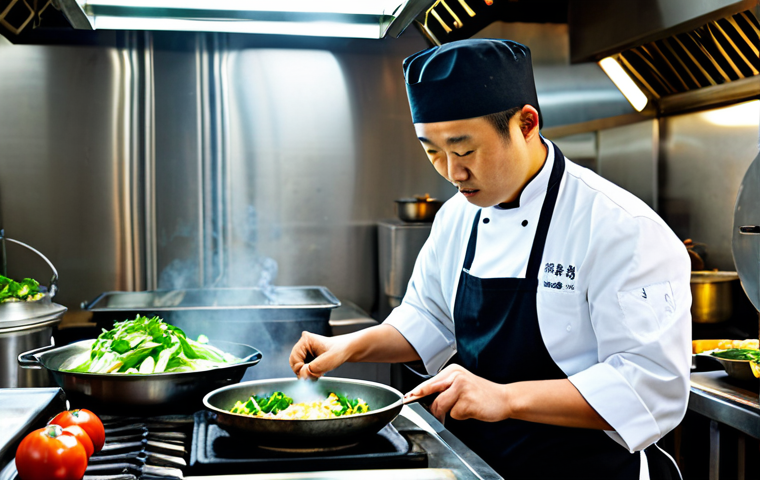 A professional male chef, fully clothed in a clean, modest chef's jacket and apron, intensely focused on stir-frying fresh vegetables in a large, steaming wok in a traditional Chinese restaurant kitchen. Fresh, vibrant Asian ingredients like bok choy and ginger are neatly arranged on a stainless steel counter, illuminated by bright kitchen lights. The environment is professional, organized, and hygienic. Perfect anatomy, correct proportions, natural pose, well-formed hands, proper finger count, natural body proportions, high-quality professional photography, detailed, safe for work, appropriate content, family-friendly.