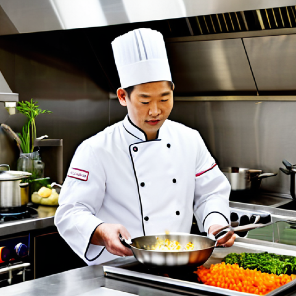 **

"A professional chef, approximately 35 years old, wearing a crisp white chef's uniform, fully clothed, in a modern, stainless-steel kitchen. He is skillfully using a wok over a high-powered gas burner, tossing colourful vegetables and noodles. The kitchen is brightly lit with professional lighting, reflecting off the clean surfaces. Background includes various Asian ingredients and utensils neatly organized. Safe for work, appropriate content, family-friendly, perfect anatomy, correct proportions, natural pose, professional food photography, high quality, modest attire."

**