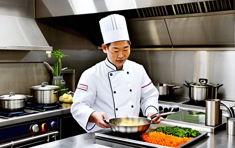 **

"A professional chef, approximately 35 years old, wearing a crisp white chef's uniform, fully clothed, in a modern, stainless-steel kitchen. He is skillfully using a wok over a high-powered gas burner, tossing colourful vegetables and noodles. The kitchen is brightly lit with professional lighting, reflecting off the clean surfaces. Background includes various Asian ingredients and utensils neatly organized. Safe for work, appropriate content, family-friendly, perfect anatomy, correct proportions, natural pose, professional food photography, high quality, modest attire."

**