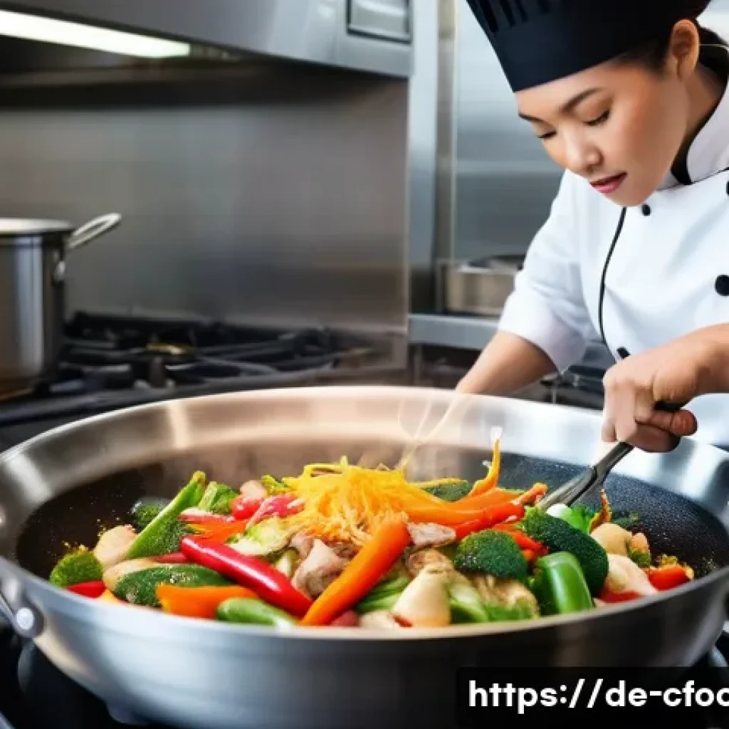 중식조리 자격증 실무 경험 필요성 - A professional female chef, in her late 20s, expertly cooking in a modern, well-lit stainless steel ...