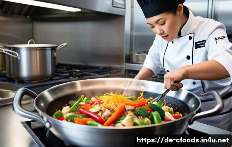 중식조리 자격증 실무 경험 필요성 - A professional female chef, in her late 20s, expertly cooking in a modern, well-lit stainless steel ...