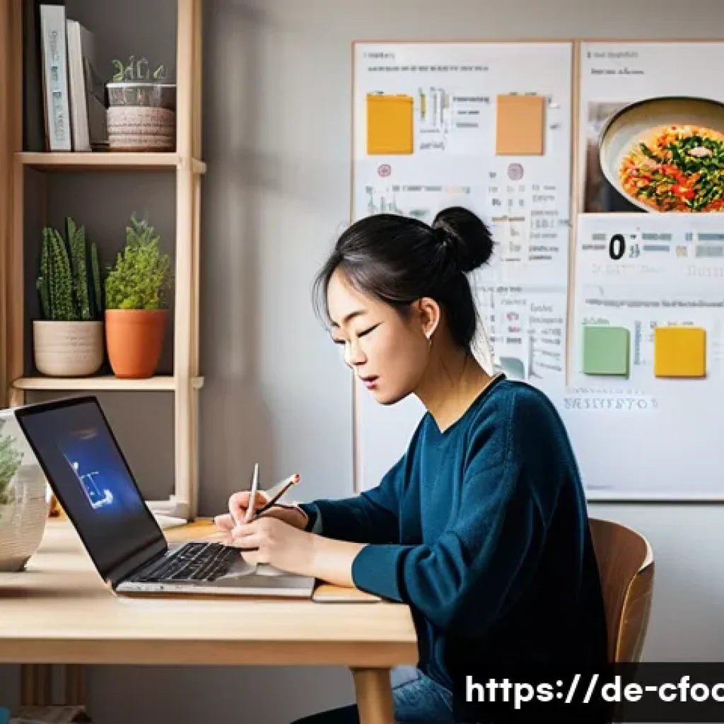 중식조리 자격증 시험 준비 스케줄 - A focused young adult student studying Chinese culinary theory at a cozy desk in a modern German apa...