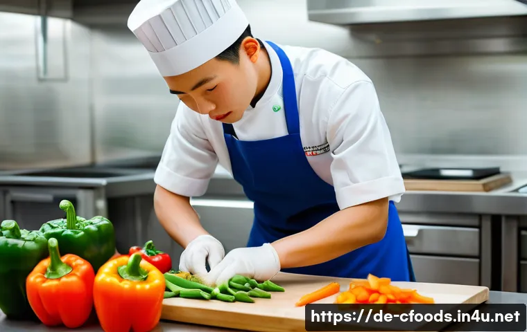 중식조리 자격증 실기 준비 팁 - A professional Chinese cooking exam kitchen scene showing a focused young adult chef in clean chef’s...
