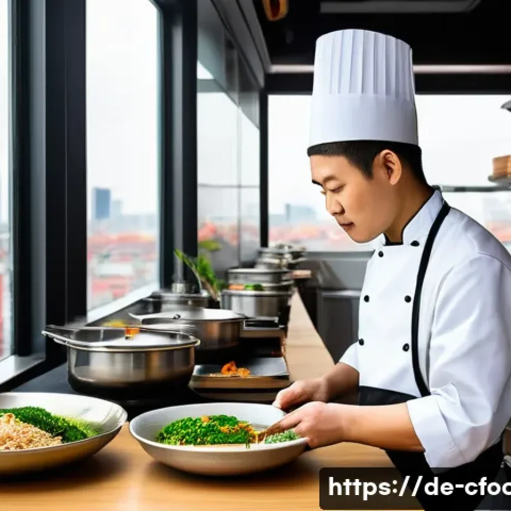 중식조리 자격증 소지자의 취업 경쟁력 - A professional Chinese chef in a modern German restaurant kitchen, wearing a clean chef’s uniform an...