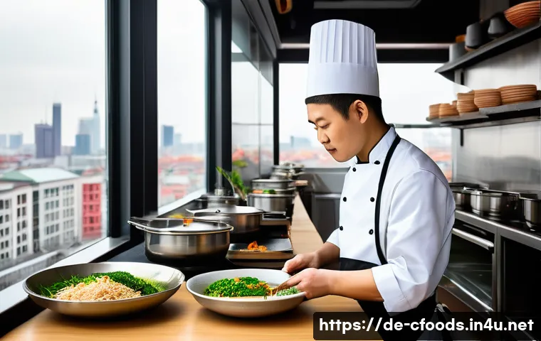 중식조리 자격증 소지자의 취업 경쟁력 - A professional Chinese chef in a modern German restaurant kitchen, wearing a clean chef’s uniform an...