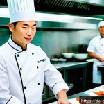 Home 23 중식조리 자격증으로 해외 취업하기 - A professional Chinese chef in a modern European restaurant kitchen, wearing a clean white chef’s un...