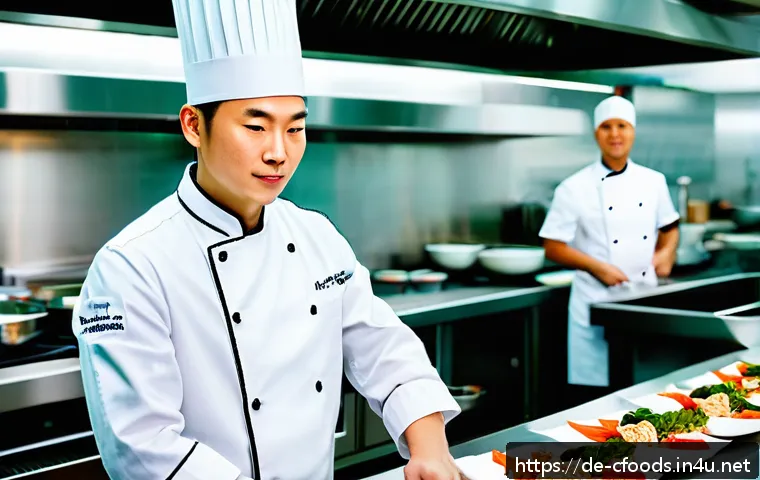 중식조리 자격증으로 해외 취업하기 - A professional Chinese chef in a modern European restaurant kitchen, wearing a clean white chef’s un...