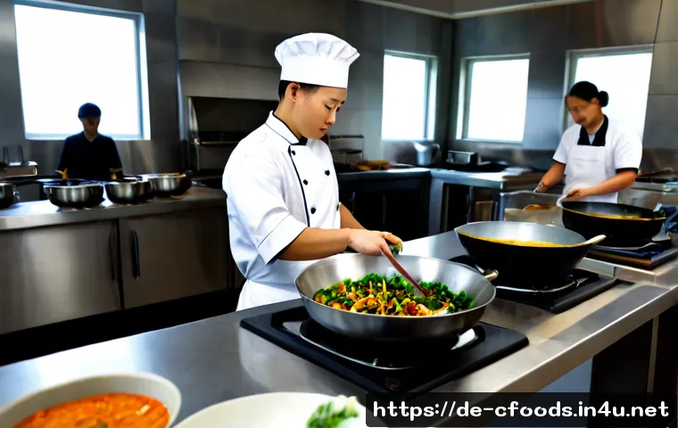 중식조리 자격증 취득 팁 공유 - Photorealistic German culinary training kitchen, focused adult apprentice in clean chef uniform and ...